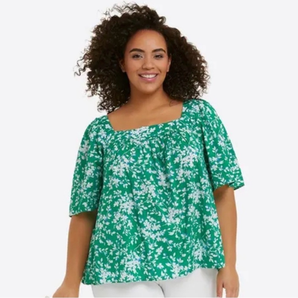 Draper James Maren Top Green Shadow Floral Short Sleeve XXL